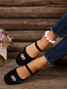 Zapatos planos de mujer para otoño/invierno con suela suave, punta cuadrada, banda elástica y bloques de color, aptos para uso interior y exterior - Bordado negro - Ver 3
