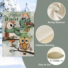 1pc Winter Yard Textile Hanging Decor, Green Theme Welcome Winter Cute Owl Garden Flag, 12x18 Faux Linen Double-Sided Printed, Christmas Snowy Cottage Home Decor, Suitable For Winter Country Party, Outdoor Lawn, Porch, Cafe, Farmhouse Decoration, Flag Pole Not Included