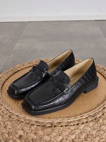 Women's Retro 2025 Autumn/Winter New British Style Leather Loafers, Black Square Toe Mid-Heel Versatile Soft Bottom Slip-On Shoes For All Body Types