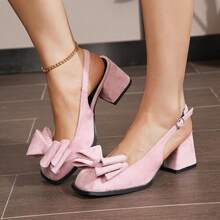 Pantofi Mary Jane, pantofi cu toc înalt, cu vârful închis și bareta, din catifea, cu fundă versatile, roz, Mary Jane, mărimea 32-45 - Roz - Vizualizare 4