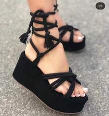 New Summer Style Large Size Women's Shoes Wedge Heel Lace-Up Fashion Thick Sole Strap Sandals For Women - 綠色 - 查看 1