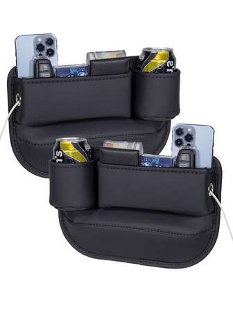 汽车皮革杯架间隙袋、座椅间隙储物盒、可调节汽车座椅储物盒、可调节汽车座椅间隙储物盒皮革带杯架，可放置手机、眼镜、钥匙卡（黑色。驾驶员 - 乘客）