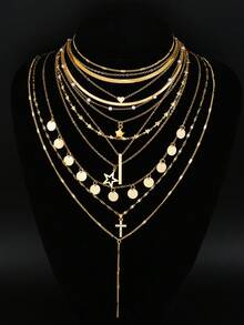 11/10/4pcs Fashionable Minimalist Gold Butterfly, Heart, Cross, Star, Moon, Faux Pearl Multi-Layer Necklace Set, Women's Birthday, Vacation, Party, Christmas Gift, Match With Daily Outfits, Party Accessories - 金黃色 - 查看 4