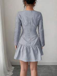 minisummmer 女士优雅蓝白条纹长袖圆领荷叶边短裙 - 藍白色 - 查看 3