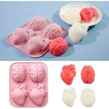 Gehirn Herz Halloween Schokoladen Bonbon Silikon Formen, 4 Löcher 3D Gehirn Herz Form Schokoladen Seife Formen, DIY Kekse Bonbons Gummibärchen Schokoladen Formen Eiswürfelbehälter