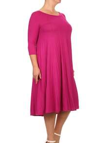Plus Size Casual 3/4 Sleeves Basic A-Line Pleated Solid Midi Dress  Wedding - Magenta - View 3