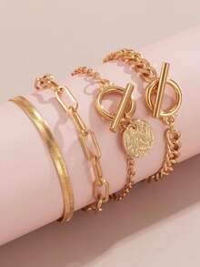 4pcs Vintage Hip Hop Snake Bone Chain Bracelet Set, Women Jewelry Set, Suitable For Daily Wear - Gold - View 4