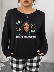 Plus Size Custom Birthday Portrait Funny Graphic Long Sleeve Knit Women, Casual Style, Fall/Winter Collection, Adult Home Wear Tops, Cozy