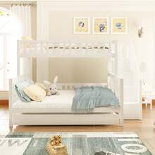 Letto per bambini 90x200 cm, letto a castello in legno massello con scala e letto estraibile, rete a doghe, ampio spazio di archiviazione, bianco