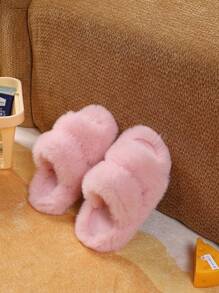 1 Pair Kids/Boys/Girls Plush Lined Anti-Slip Warm Slippers, Soft Bottom Fashionable Fuzzy Warm Flat Shoes For Indoor Wear, Winter Season Essential - Pink - View 6