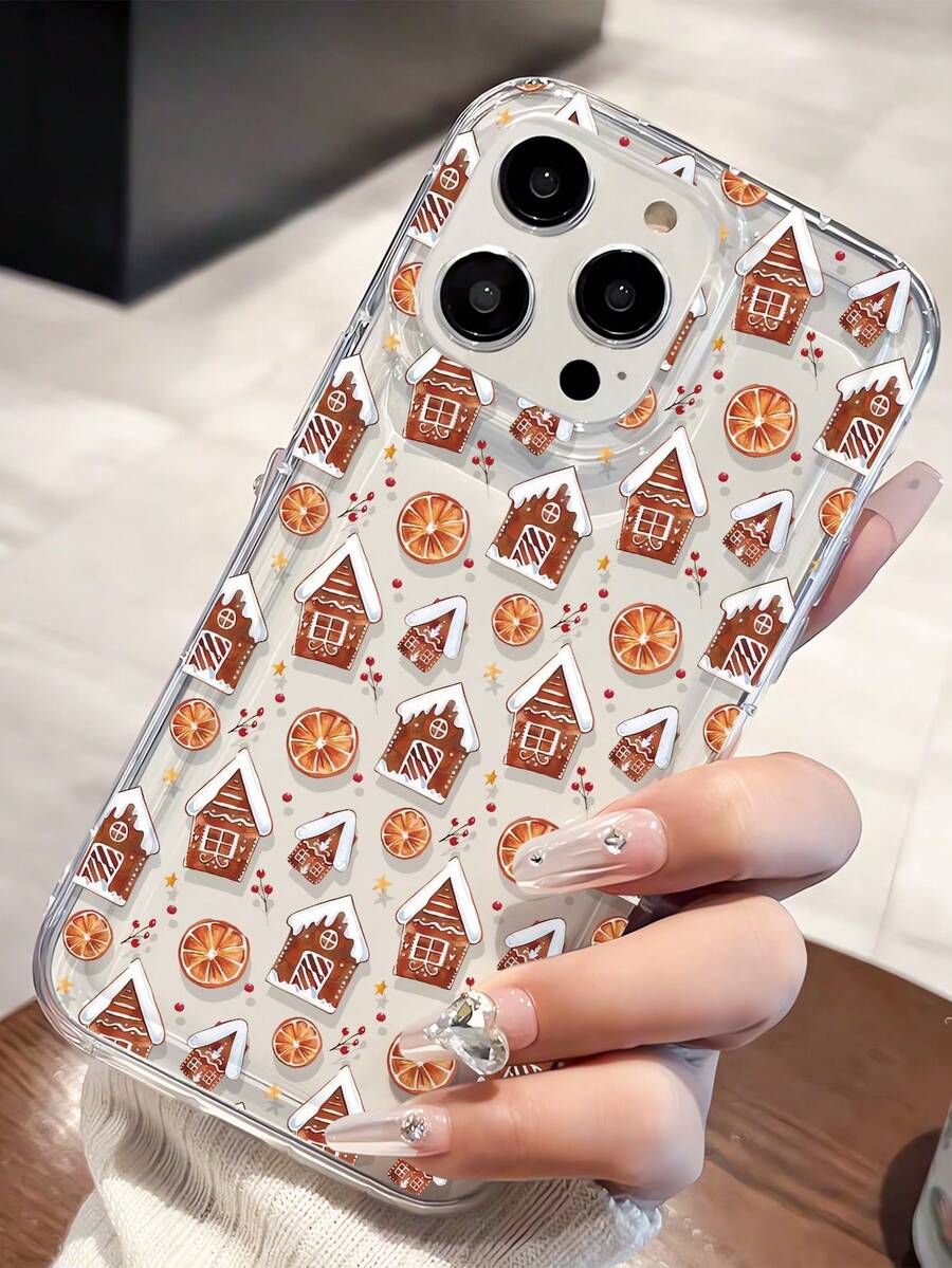 1 Stück modisches & weihnachtliches Lebkuchenhaus & Orangenscheiben Muster transparente TPU Stoßdämpfende Handyhülle kompatibel mit iPhone 16/16Pro/16Plus/15/15ProMax/15Pro/11/12/13/14ProMax/12Mini/13Mini/11Pro/11ProMax/12Pro/12ProMax/13Pro/13ProMax/14Pro/14ProMax, weiches Etui mit Premium-Haptik