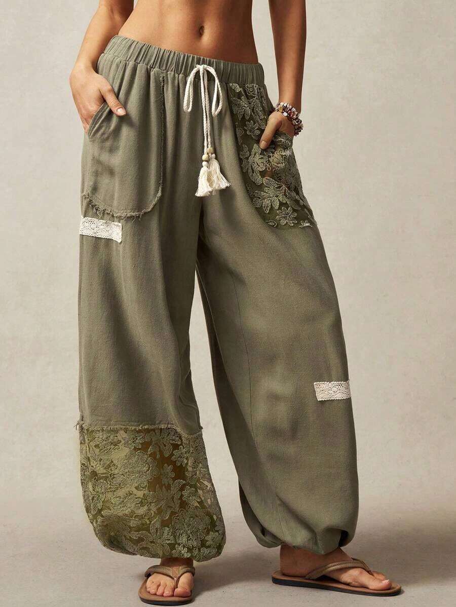 BOHO Women's Loose Fit Patchwork Casual Long Pants, Country Style Vacation For Spring/Summer - xanh quân đội - Xem 1