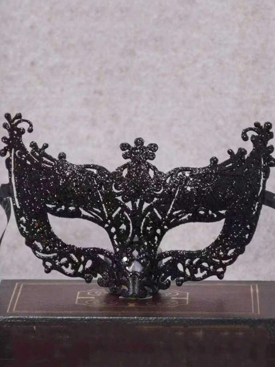 1 mặt nạ hóa trang Halloween cổ điển ren đen, mặt phẳng, bột vàng, hoa văn Venice, mặt nạ che mắt - màu đen - Xem 1