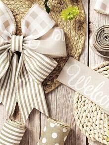 1Pc 5 Yards Farmhouse Ribbon Welcome Stripe Dot Buffalo Plaid Ribbon Wired Rustic Polyester Ribbon For Christmas Wreaths Assorted DIY Present Wrapping Floral Bow Craft Decor, Christmas Tree Decor, Christmas Decoration, Wedding Decor, Merry Christmas Decorations, Xmas Decor