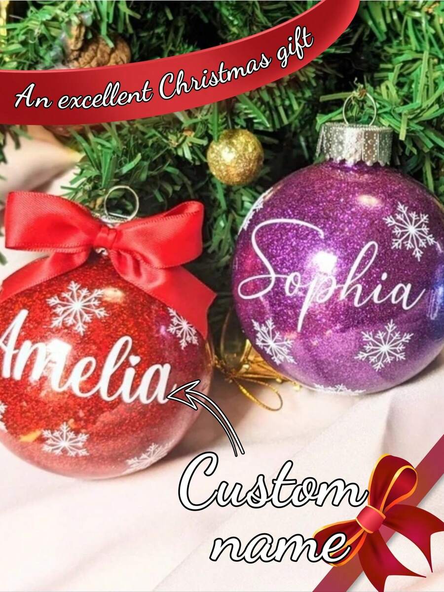 1pc Personalized Glitter Christmas Ball Ornament With Snowflake, Custom Name/Surname Christmas Decoration Gift - Multicolor - View 1