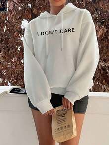 Casual Simple "I Don't Care" Graphic Print White Hooded Long Sleeve Loose Thick Fleece Sweatshirt For Women Back To School Fall And Winter Clothing HoodieY2Y-W-Sudaderas - 黑色 - 查看 11