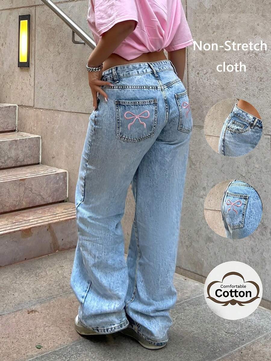 Fashionable Millennium Style Casual Women's Classic Light-Colored Back Pocket Embroidered Straight-Leg Jeans - 中等水洗藍 - 查看 1