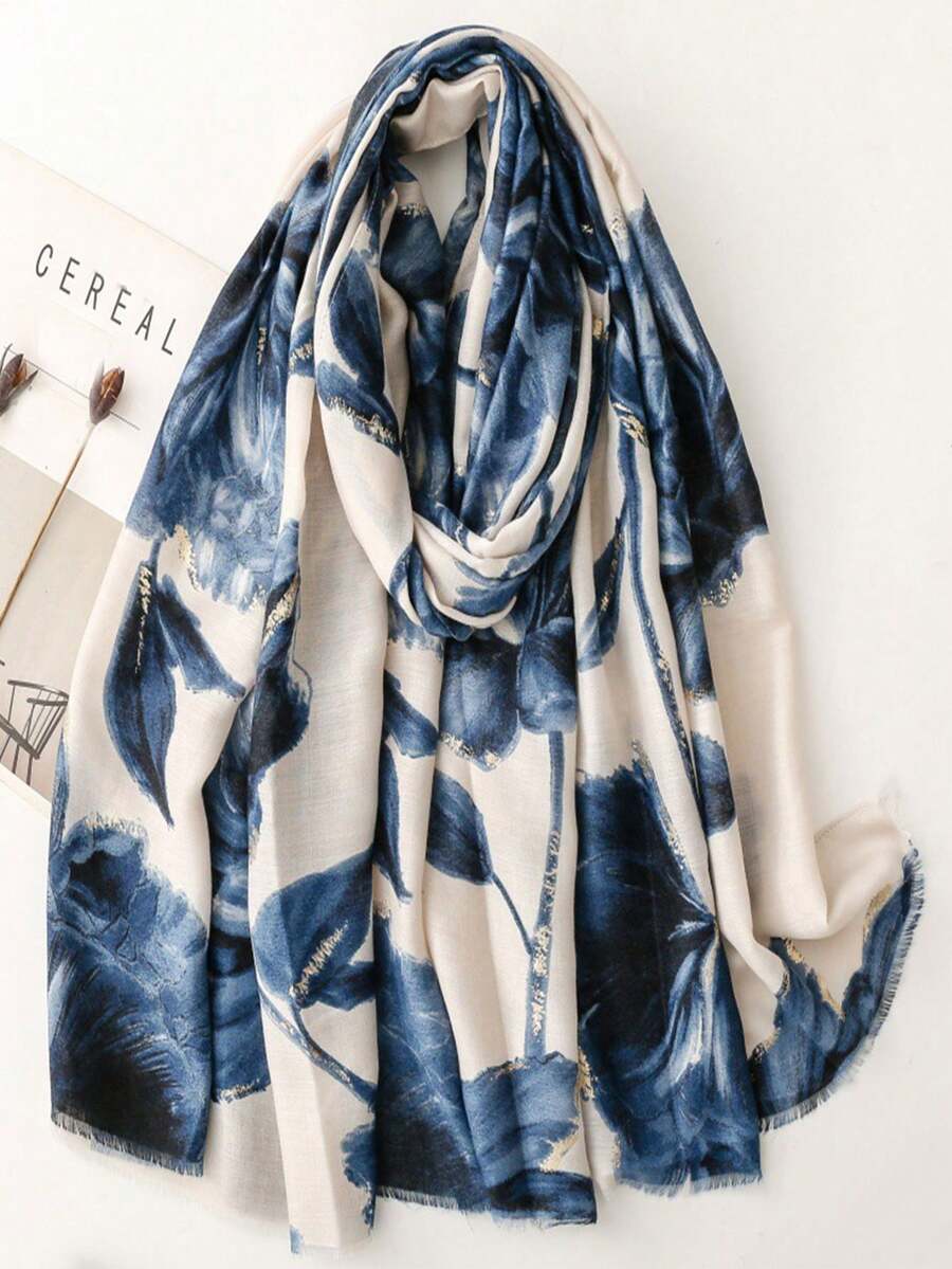 1 件简约印花围巾，新款女士真丝围巾，保暖颈巾，春夏防晒沙滩披肩，男女通用礼物，时尚头巾，披肩，百搭长围巾 - 藍白色 - 查看 1