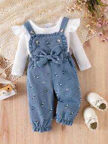 2pcs Baby Girl Casual Solid Color Ribbed Long Sleeve T-Shirt Top And Ditsy Floral Bow Decor Bib Overalls Pants Set - Blue - View 3