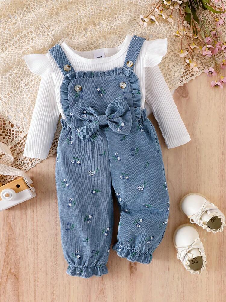 2pcs Baby Girl Casual Solid Color Ribbed Long Sleeve T-Shirt Top And Ditsy Floral Bow Decor Bib Overalls Pants Set - Blue - View 2