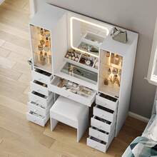 FUSOU Dressing Table With LED Mirror & Charging Station, Vanity Desk With 11 Drawers, 2 Glass Cabinets, 3 Colour Modes & Adjustable Brightness, White Makeup Table With Chair For Bedroom - White - View 5