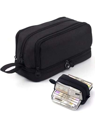 Caja de lápices de gran capacidad con 4 compartimentos, estuche de lápices con cremallera y asa, organizador de papelería para oficina, escuela, universidad, adultos, adolescentes, niños y niñas, color negro, de vuelta a la escuela, útiles escolares, caja de lápices, mochila escolar