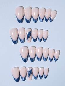 24Pcs Long Almond Whale Pattern Design French Tip Press On Nails Almond Fit Perfectly Acrylic False Nails Set,Include: 1pc Jelly Glue And 1pc Nail File,For Woman Girl Daily Work Festivals Party Use