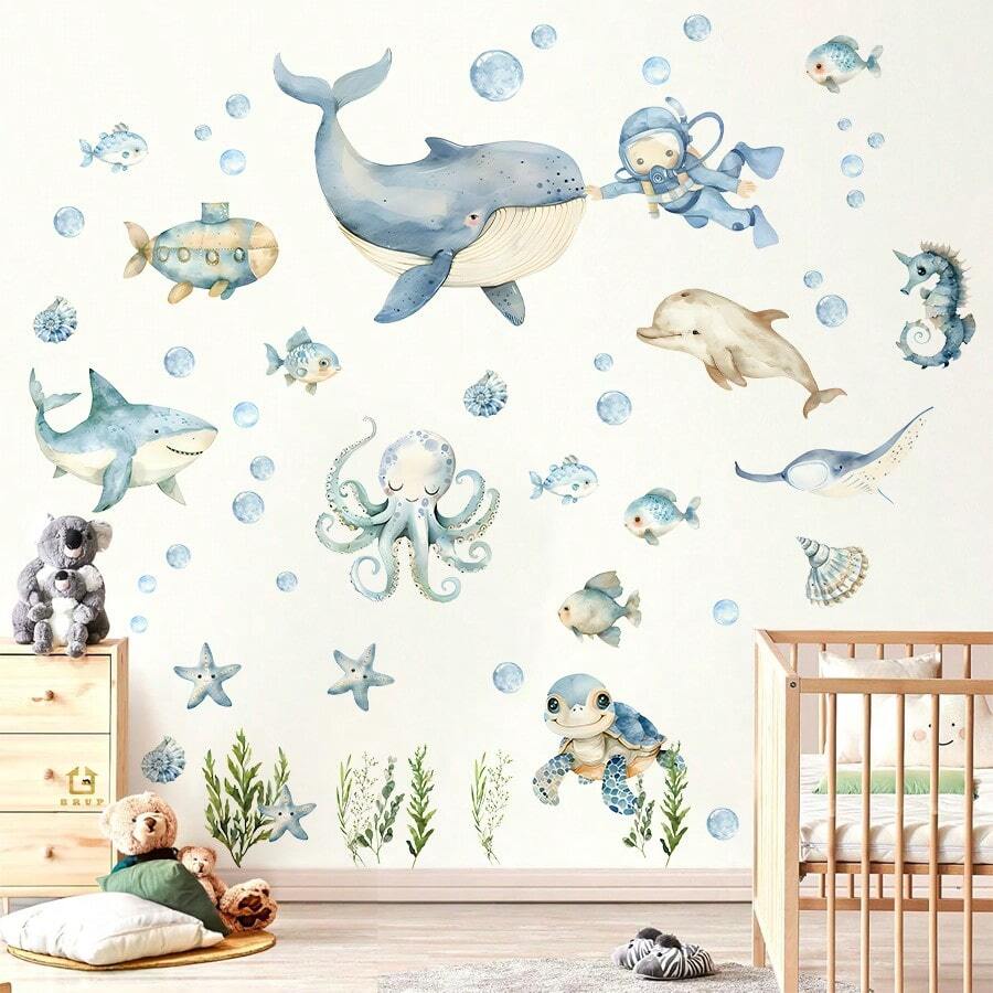 Kids Wall Stickers Cartoon Ocean Animals Educational Back To School Children's Room Decor Bathroom Home Decoration