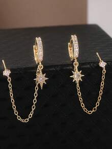 Luxury Cubic Zirconia Star Gold Dangle Earrings Stackable Piercing Hoop Stud Earring For Women Girls Party Wedding Sweet Jewelry Gift