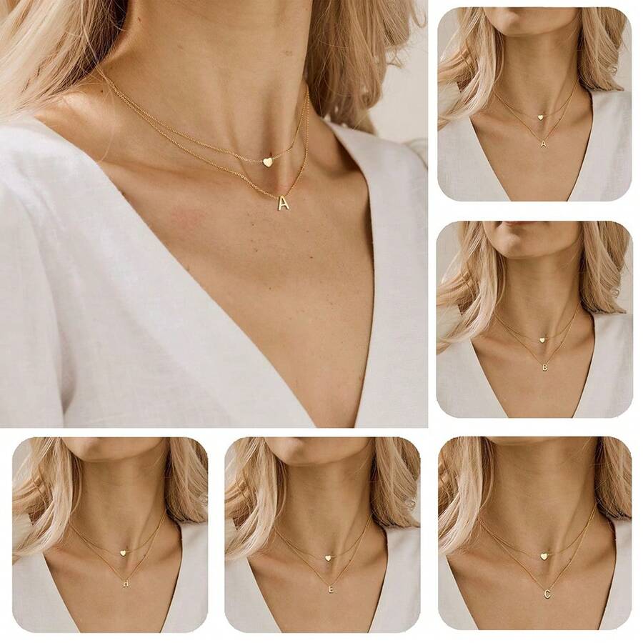Kit 2 Exquisite And Elegant Necklaces For Women With Letter Pendant And Heart Pendant, 18k Gold Plated Or 925 Silver Plated - 金色 - 查看 1