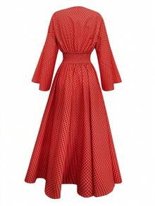 2026春秋新品：休闲时尚、轻盈透气、薄款设计、优雅度假风、法式简约风、数码格纹印花长袖宽松V领连衣裙，女装，秋季服装，秋季连衣裙，女士秋季连衣裙，返校连衣裙，女教师装，外出服装，女士约会装，女士婚礼宾客连衣裙，婚礼宾客连衣裙，婚礼宾客连衣裙。 - 紅色 - 查看 6