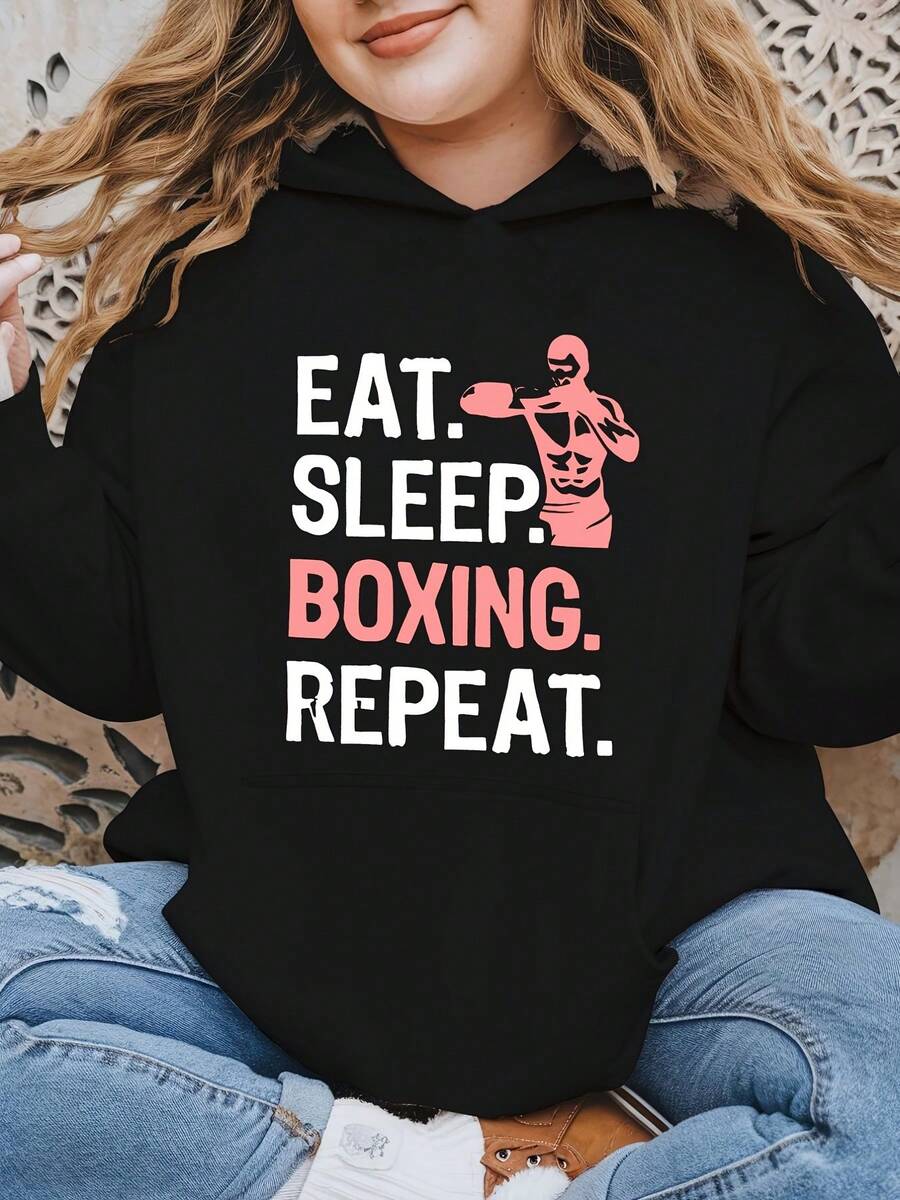 1pc Ladies' Hooded Sweatshirt - Casual Polyester Pullover With Eat Sleep Boxing Reprint, Slightly Elastic Knitted Fabric, Oversized Autumn And Winter Long-Sleeved Top With Pockets - Black 2 - View 1