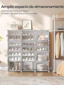 SONGMICS Mueble Zapatero Plástico, 12 Compartimentos, Zapatero Modular, Estantería Modular de Plástico, 32 x 124,4 x 124,6 cm Cada Cubo, con Puerta, Marco Acero, Panele Plástico, Blanco - Blanco - Ver 2