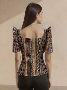 女士优雅几何条纹泡泡袖方领衬衫，现代菲律宾风格 - 橘色 - 查看 2