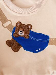 2pcs/Set Cute Bear Graphic Apricot Long Sleeve Hoodie & Blue Jogger Pants Outfit, Casual Wear For Baby Boys - Blue - View 4