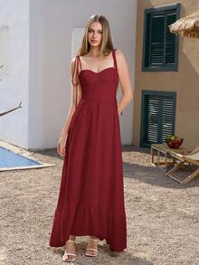 PARTHEA 女士纯色褶皱露背优雅长裙 - 紅色 - 查看 4