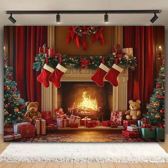 2D Flat Banner,Christmas Fireplace & Tree Photography Backdrop - Festive Polyester Background With Stockings, Gifts & Rose Banner For Holiday Parties And Studio Sessions, Holiday Decorations