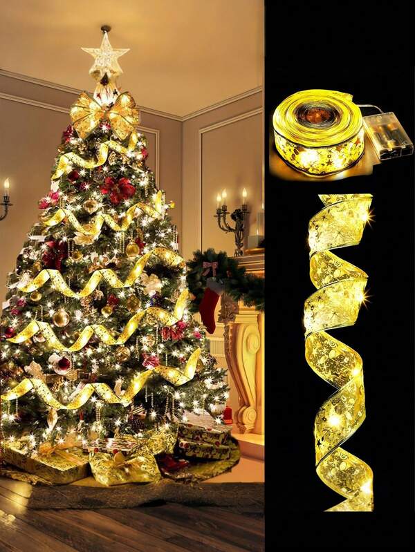 50 Led Lights Christmas Ribbon, Christmas Tree Decorations , Christmas Tree Ribbon String Ribbon Lights Gold 16ft 50 Led Lights Copper Wire Bows Lights For Indoor Decorations Party Weddings Holiday(Batteries Not Included)