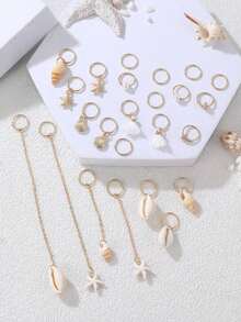 24pcs Minimalist & Elegant Beach Style Hair Clips Set - Starfish, Turtle, Shell, Faux Pearl, Ocean Theme Assorted Hair Accessories For Daily, Vacation, Party, Gift For Best Friends, School Stuff, College, Faux Pearl Hair Accessories - 金子 - 查看 3