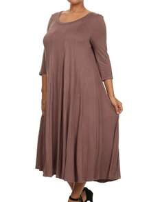 Plus Size Casual 3/4 Sleeves Basic A-Line Pleated Solid Midi Dress  Wedding - Mocha Brown - View 2