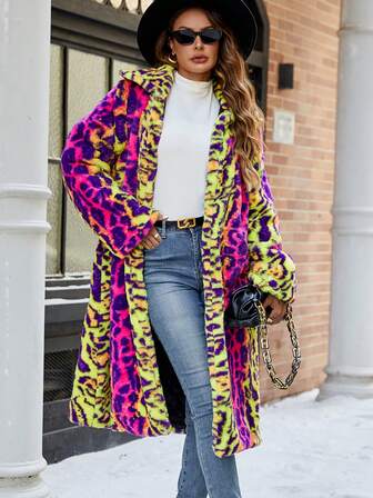 女士新款休闲仿皮草豹纹外套，秋冬款