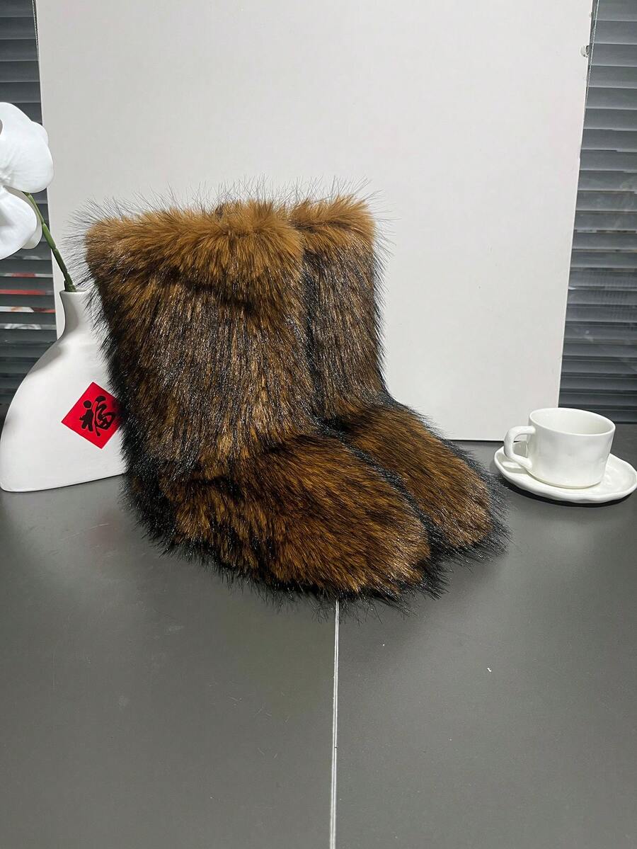 女士毛绒中筒靴，冬季时尚女士太空靴，冬季保暖，毛绒靴 - 棕色 - 查看 1