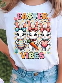 Happy Easter Bunny Eggs Vibes Children'S White Cotton T-Shirt – Stylish Round Neck With Graphic Print, Perfect For Holidays - 白色 - 查看 1