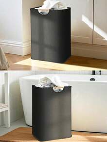 1 件亚麻洗衣篮，可折叠便携式织物洗衣篮，适用于家庭、卧室、浴室，存放脏衣服、玩具，可折叠大容量储物篮，带木柄洗衣篮，洗衣篮，浴室收纳篮，篮子，储物篮，可折叠洗衣篮 - 黑色 - 查看 2