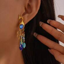1 Pair Bohemian Vintage Peacock Crystal Inlaid Earrings For Women, Suitable For Daily, Party, Festival, Banquet Wear, Fashionable And Exquisite Personalized Earrings