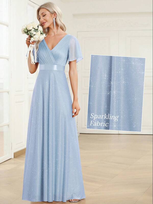 Elegant Shiny V-Neck Ruffle Sleeve Light Blue Bridesmaid Dress, Suitable For Wedding Guests, Formal Dinners And Other Semi-Formal Occasions