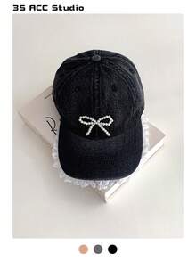 1 件 Y2K 风格女孩刺绣蝴蝶结装饰宽檐棒球帽，博主同款，防晒，大头围，可爱甜美 3D 刺绣软顶长檐太阳帽，夏季 - 蝴蝶結棒球帽 - 查看 5