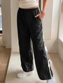 Fisoew Womens Wide Leg Track Pants Casual Elastic Waist Bow Tie Y2K Baggy Sweatpants With Pockets - 黑色 - 查看 3
