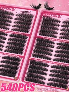 540 Clusters/30 Rows D-Curl Fluffy DIY Eyelash Extension Kit 8-16mm Mixed Length X60X80X100 Fluffy Single Eyelash Cluster Segmented With Eyelash Adhesive Kit Suitable For Dating, Parties, Travel, Christmas, Halloween - 黑色 - 查看 3