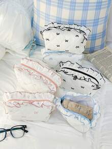 1Pc Cute Bowknot Pattern Multifunctional Kids Makeup Bag With Lace Ruffle Decoration,Sanitary Bag,Coin Bag,Toiletry Bag,Large Capacity Cosmetic Bag Make Up Bag For Home, Travel, Vacation And School Use ,Makeup Bag Makeup Pouch Skincare Bag Toiletry Bag Packing Cubes,Travel Essentials Cruise Essentials Dorm Essentials,Mom Gifts,Birthday Gifts,Gifts For Friends And Teachers